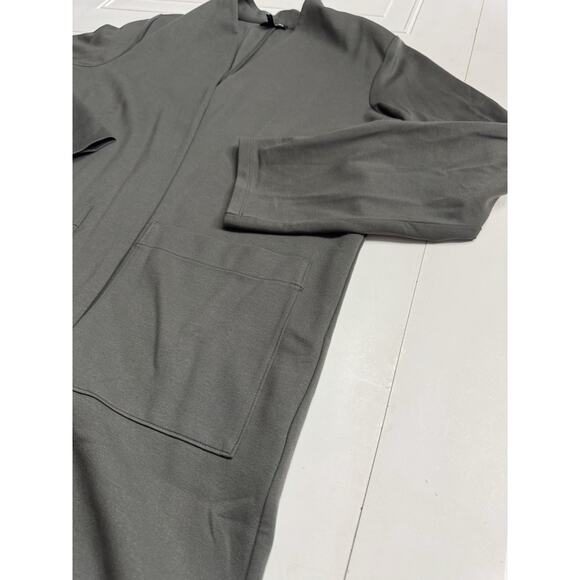 Eileen Fisher L Green Gray Stretch Crepe High Collar Kimono Cardigan Jacket - Picture 2 of 6